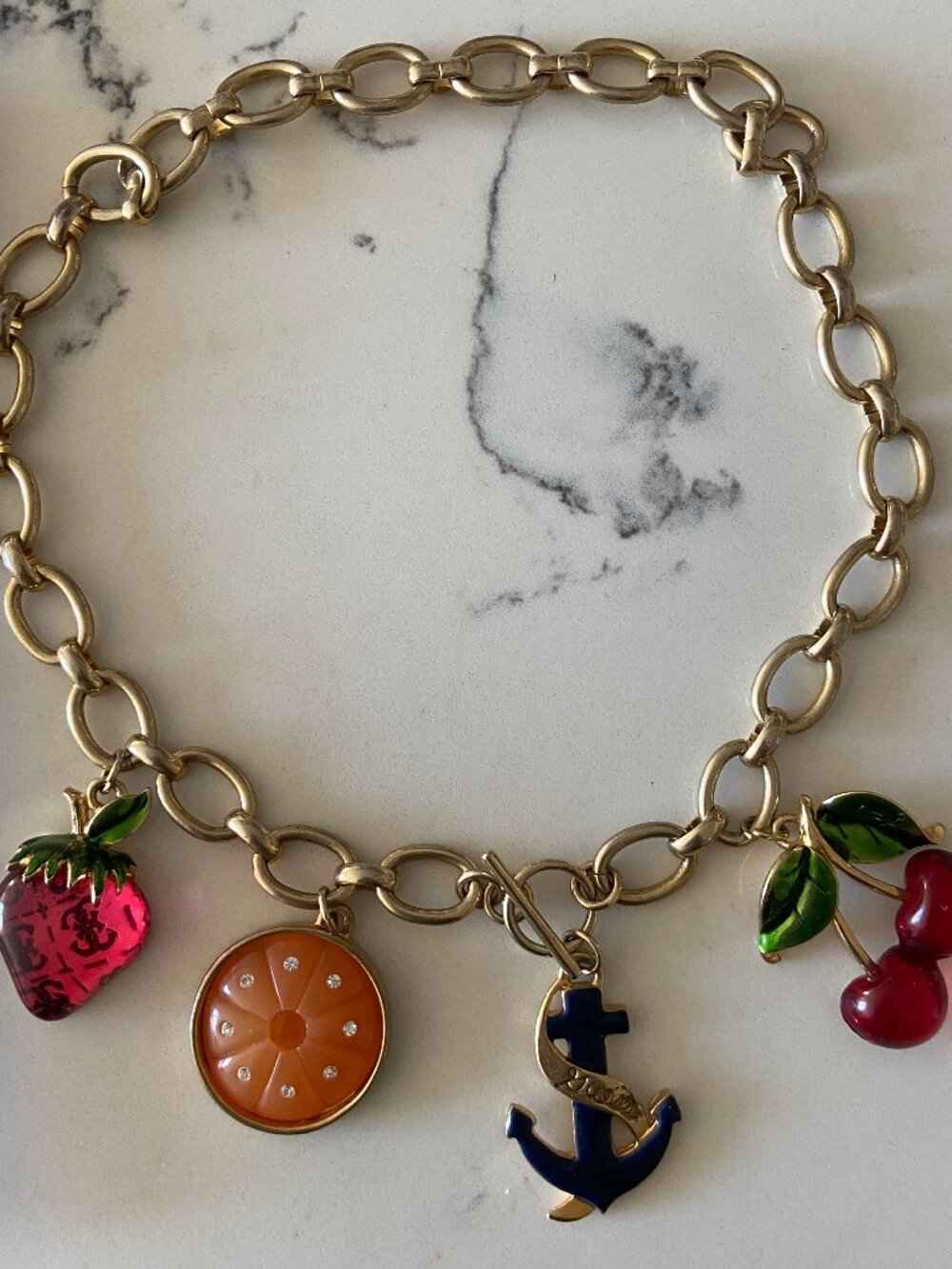 Vintage Y2K GUESS Fruit & Nautical Charm Necklace Gold Tone